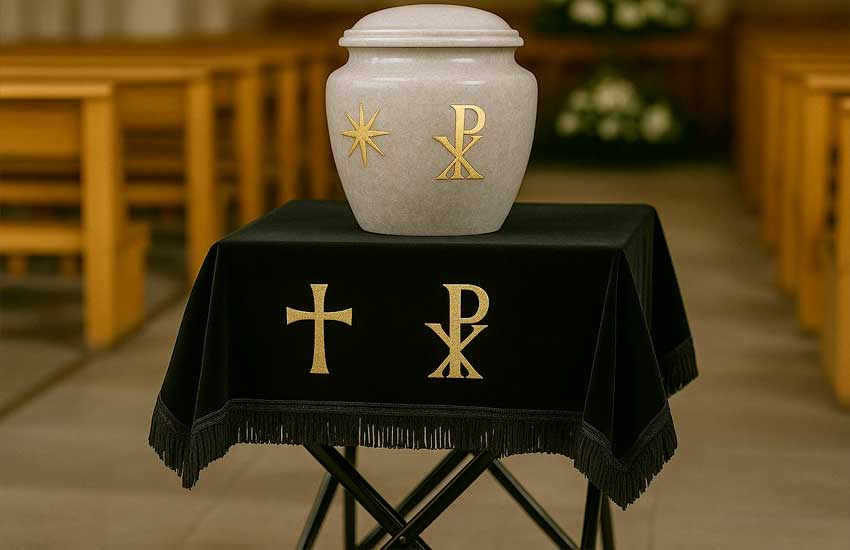 Drappo decorativo sotto urna con motivo religioso – un commiato elegante dopo la cremazione