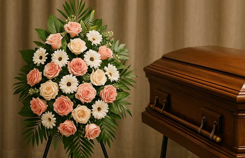 Corona funebre con rose e margherite su supporto accanto alla bara