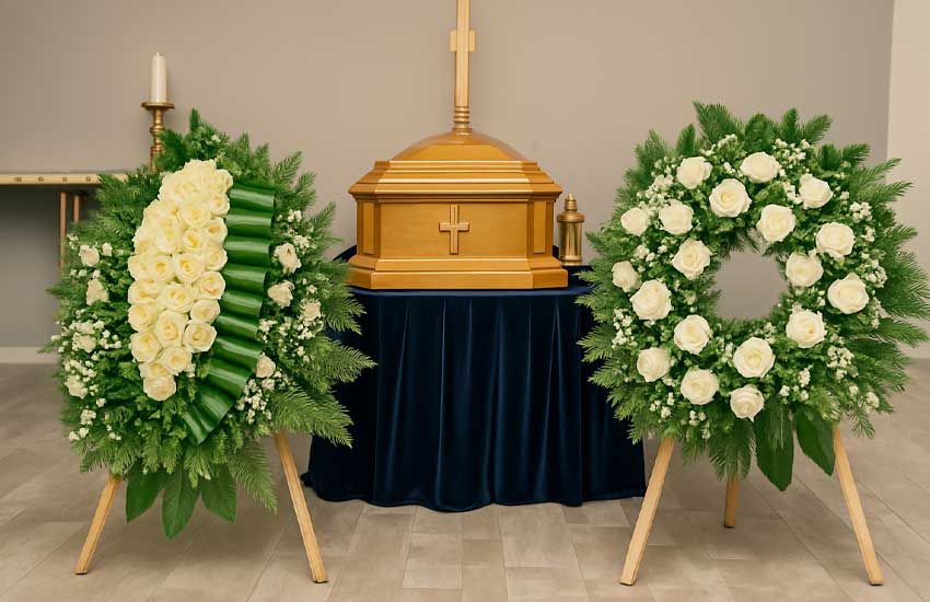 Due corone di fiori bianchi ai lati della bara