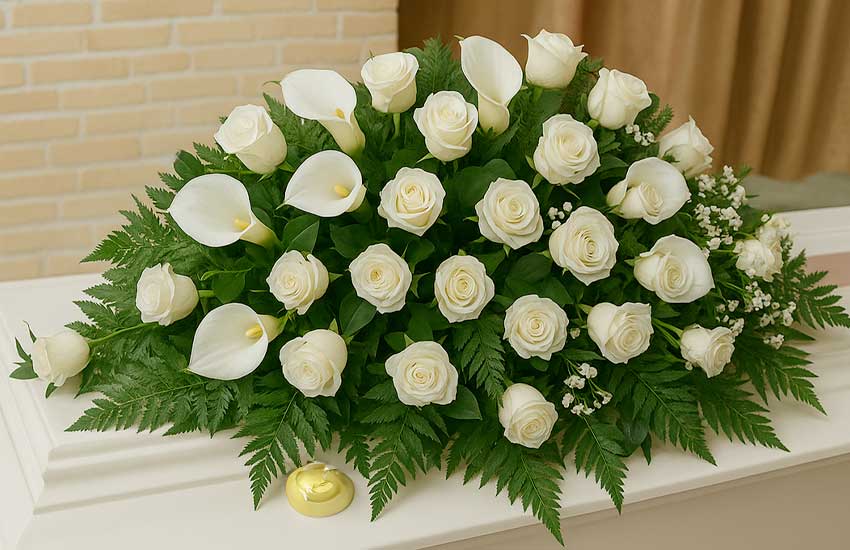 Fiori sulla bara – composizione con calle e rose