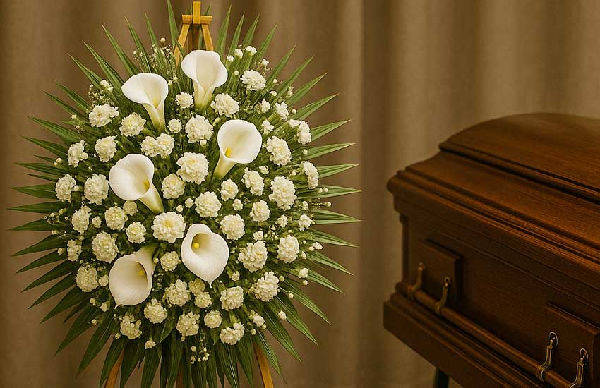 Corona funebre con calle e rose su supporto dorato